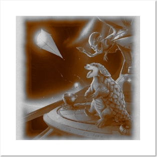 black and white pangolin flying kite on spaceship Posters and Art